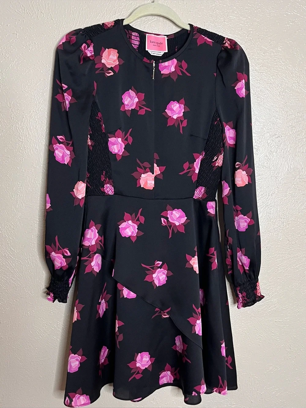 Kate Spade NY Rose Garden Smocked Satin dress black pink